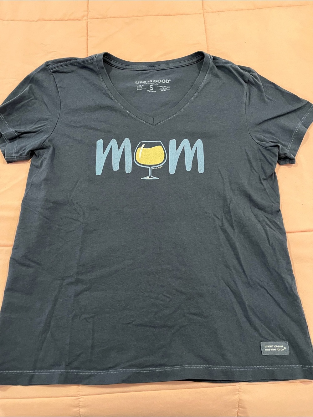 Life Is Good Black V-Neck Tee with Light Blue "MOM" and Yellow Wine Glass